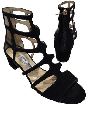 Jimmy Choo NEW 'Ren' Black Suede Flat Cut Out Sandal Strappy Gold Zipper 37.5